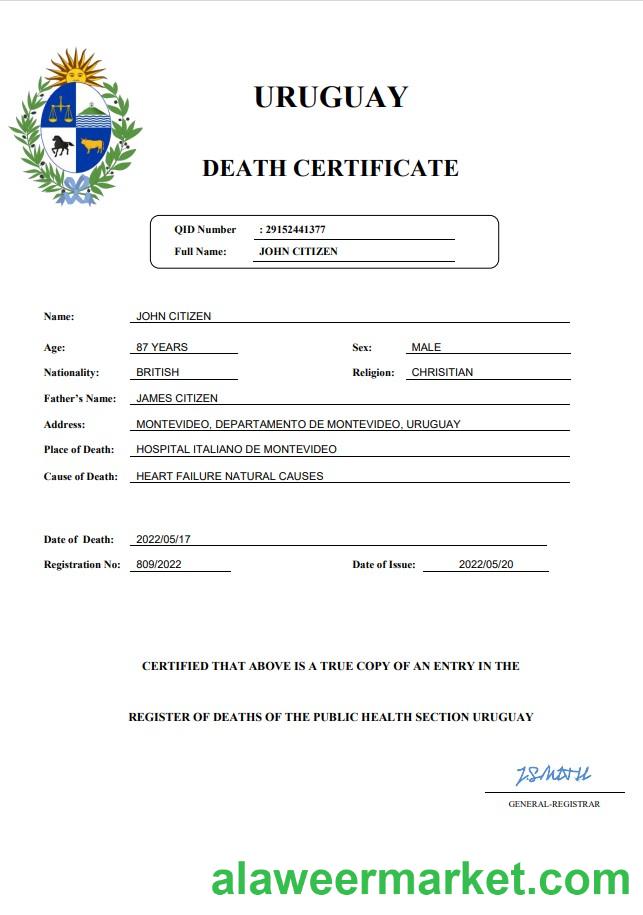 Uruguay death certificate Word and PDF template